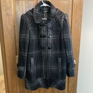 Black & Gray Plaid Tweed coat w/hood Sz XL